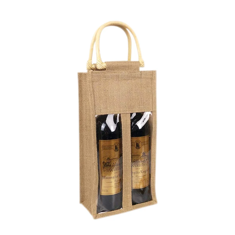 Custom Logo Printed Tote Gift Bags Recyclable Beer Wine Bottles Burlap Jute Bag With Window PVC