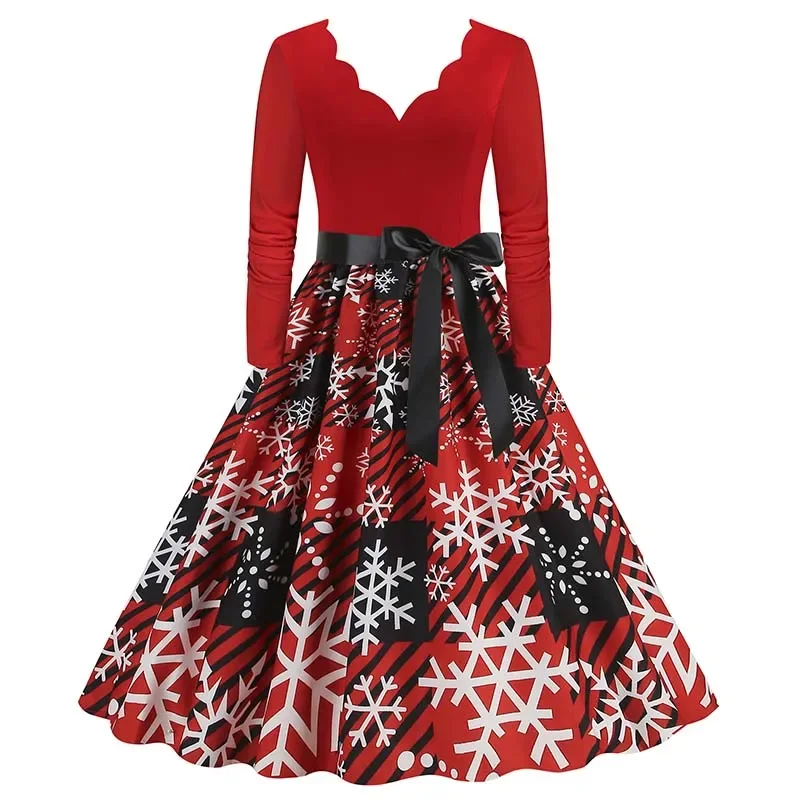 Women Christmas Dress Winter Vintage Long Sleeve V Neck Print Evening Party Xmas New Year Prom Dress