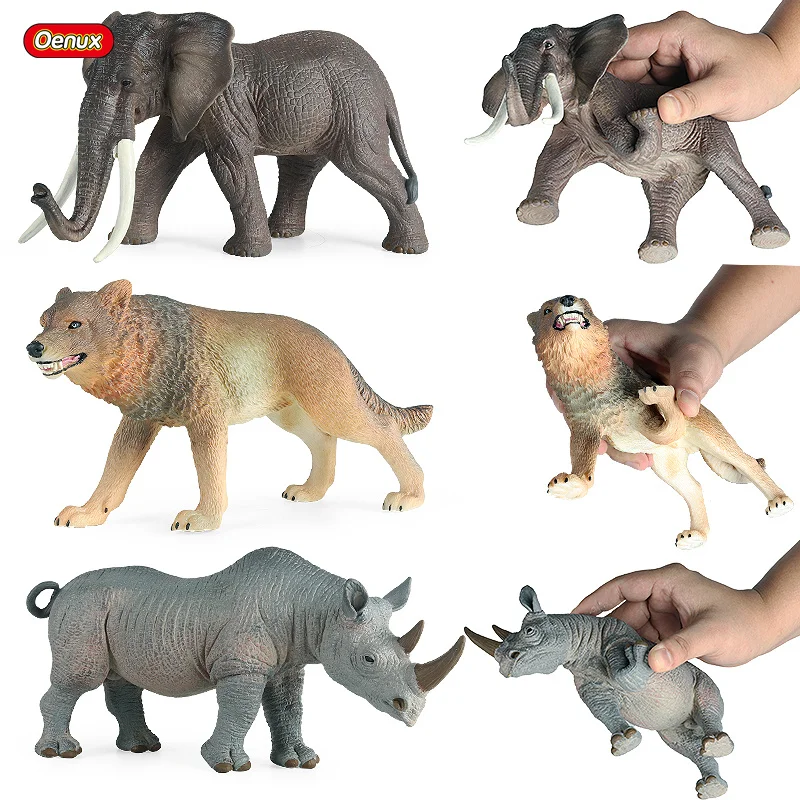 Oenux Wholesale Realistic TPR Wild Animal Figurines Wolf Elephant Rhinoceros Model Action Figures Party Decoration Xmas Gift Toy