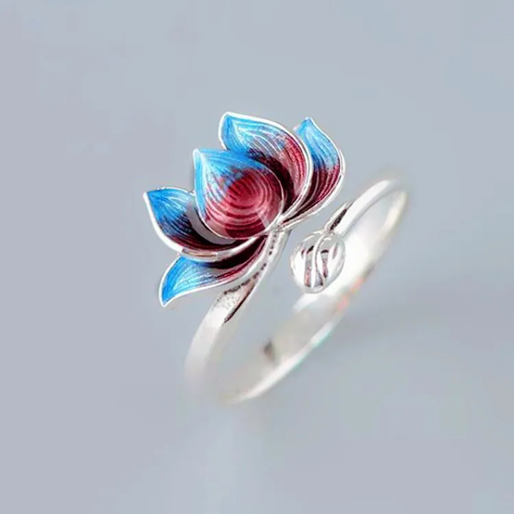 Lateefah OEM Retro Open Ring Forest Style Burnt Blue Lotus Ring For Women Gift