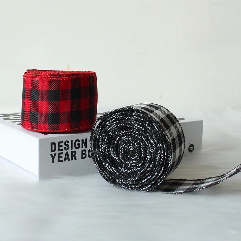 
5M / Roll Black Red Ribbon Wire Thread Floss Edged Burlap Ribbon Plaid Wired Ribbon Christmas Decoration Gift Packing Webbing 