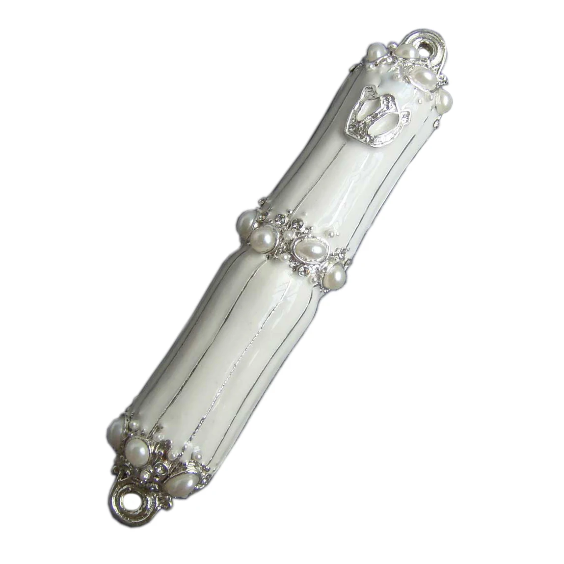 Shiny Silver White Hand Enameled And Pearls Jeweled Metal Zinc Alloy Jewish Scroll Mezuzah Case(P32016c)