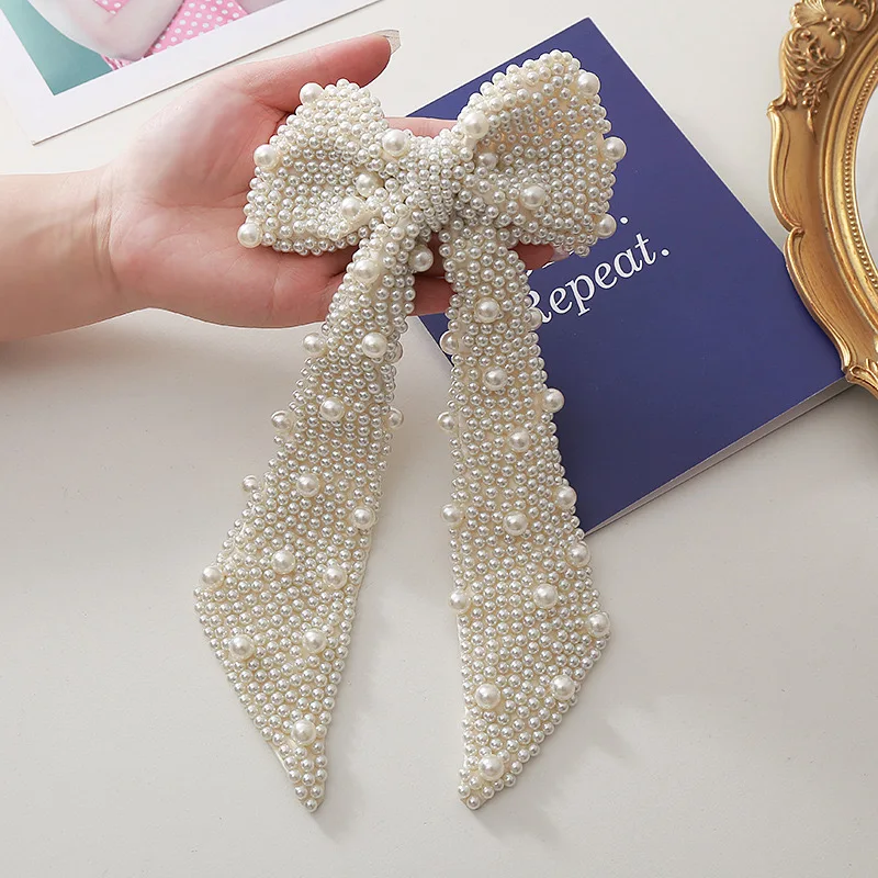 Luxury Pearl Beaded Bow Headdress Hair Clip Handmade Trendy Wedding Bridal Sweet Temperament Girl Ponytail Hair Clips Wholesale
