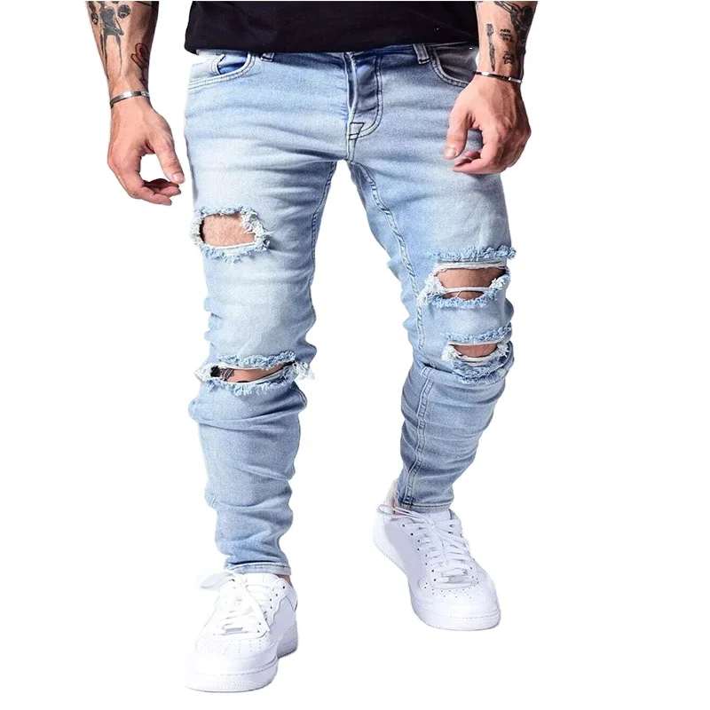 High quality skinny torn zipper sky blue washed small feet stretch pantalones de hombre jeans for man
