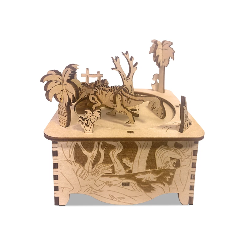 Wholesale Custom Cartoon Dinosaurs World Wooden Music Box 3D Puzzle Jigsaw Wood Dinosaur Toy DIY Creative Crafts Birthday Gifts