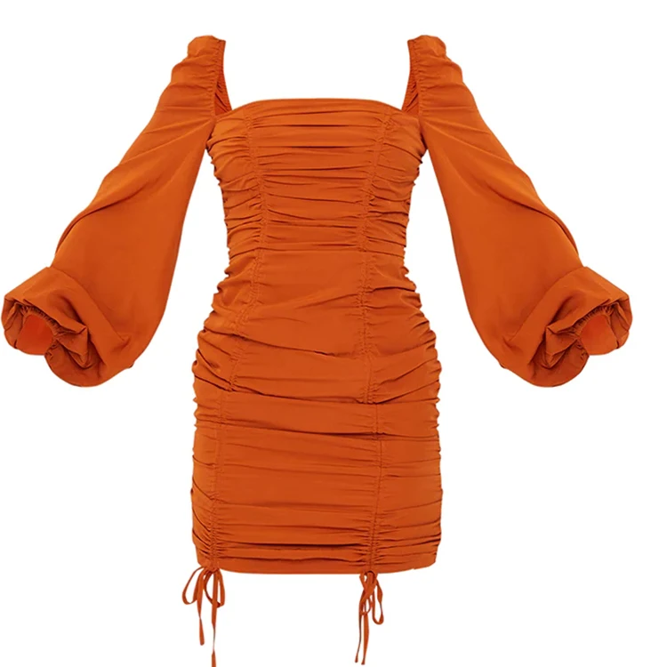 Fashion Orange Ruched Ladies Dresses Long Sleeve Customized Mini Women Casual Bodycon Dresses