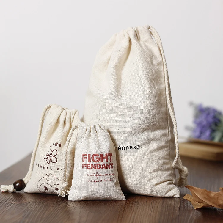 Fashion High Quality Reusable Drawstring Eco Cotton Flax Linen single drawstring  With Logo