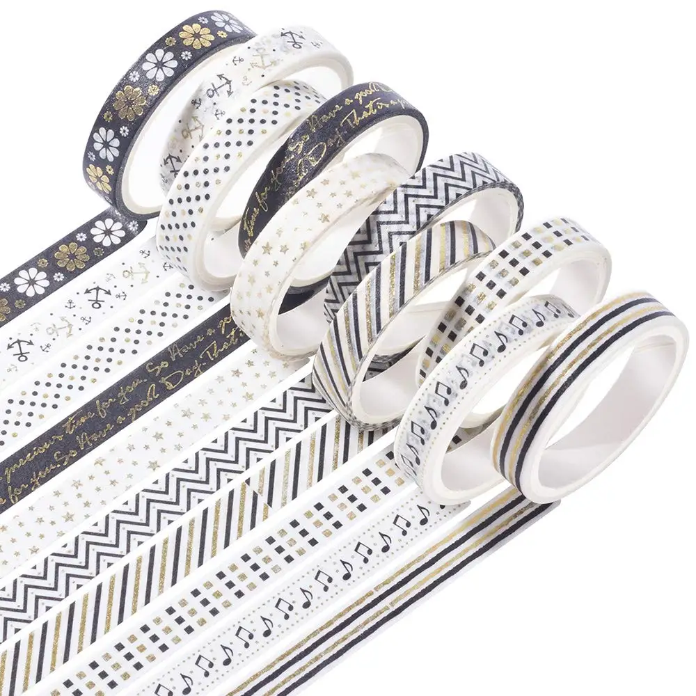 Customised Sparkling Washi Tape Set of black and white Gold Foil Decorative Masking Washi Tapes for Journal Planner DIY Crafts