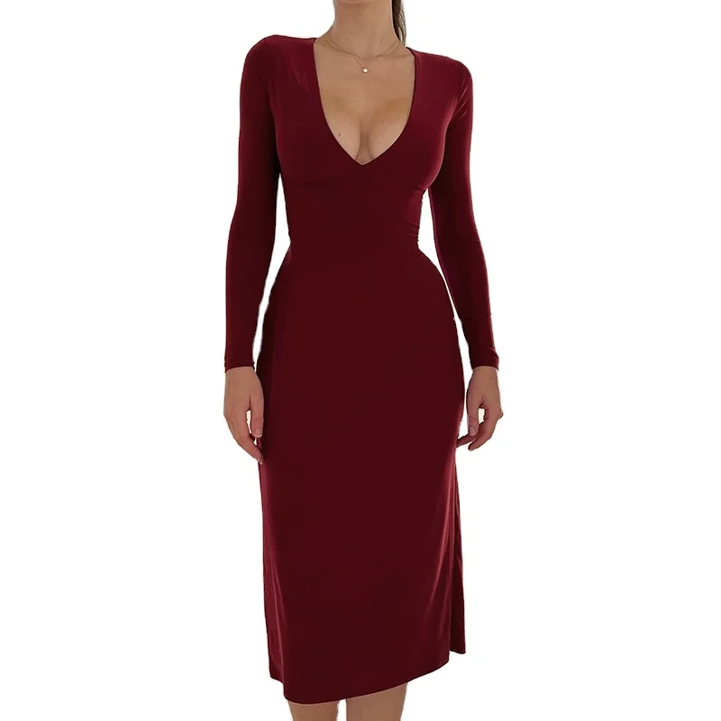 European And American Solid Color Fashion Trend Sexy Slim Ladys V-neck Long Sleeved Long Dress 2024
