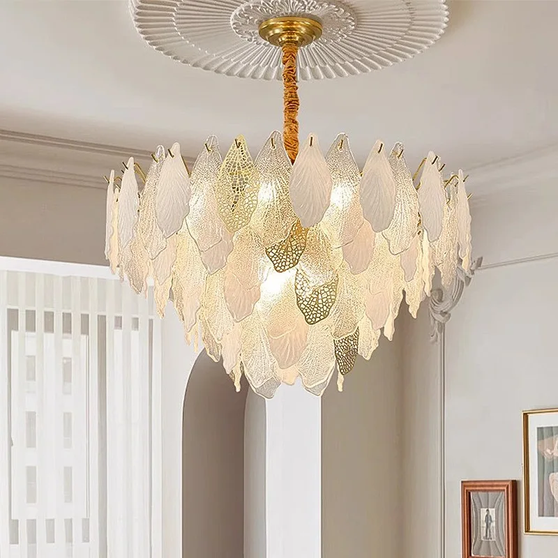 LED Chandelier Glass Leaves Ceiling Light Fixtures Lighting Living Room Lamp