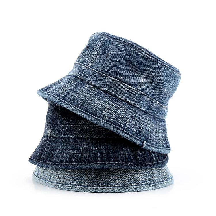 Wholesale Big Brim Vintage Fisherman Hats Bucket Hat Custom High Quality Jeans Fabric Washed Denim Bucket Hat Caps