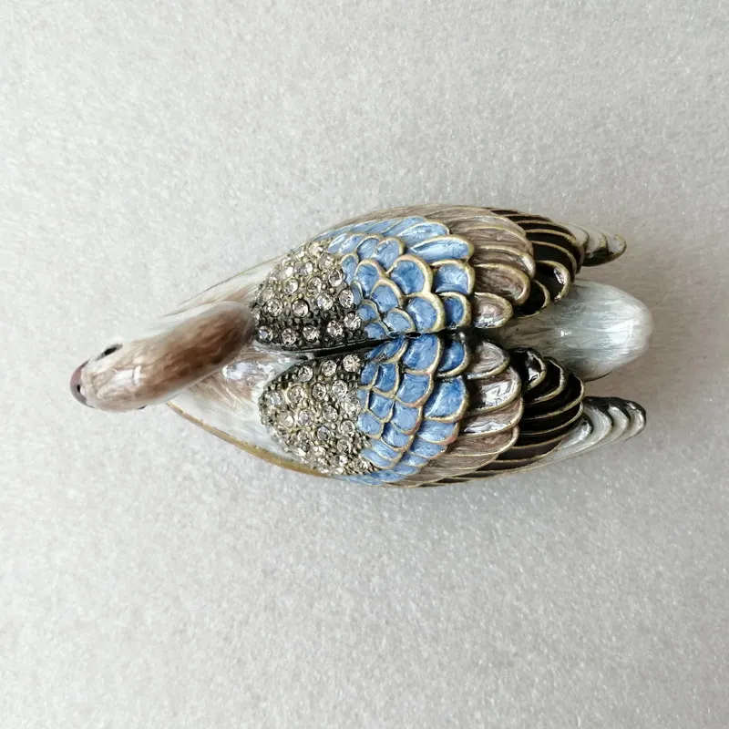 Antique Brass White Blue Hand Epoxy And Jeweled Swan Design Metal Zinc Alloy Jewelry Trinket Box