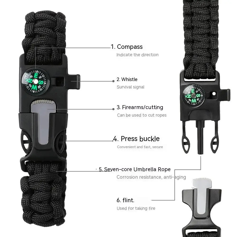 Multifunctional outdoor survival core umbrella rope waterproof whistle flint fire starter compass life bracelet