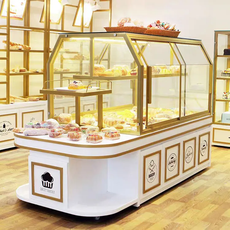 Floor Stand Supermarket Shelf Perpex Curved Glass Custom Cake Bread Acrylic Showcase Display Cabinet