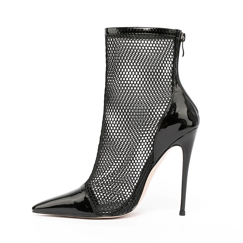 WETKISS Custom Back Zipper Pointed Toe Ankle Boots Stiletto Booties Black Mesh Summer Boots for Women Ladies