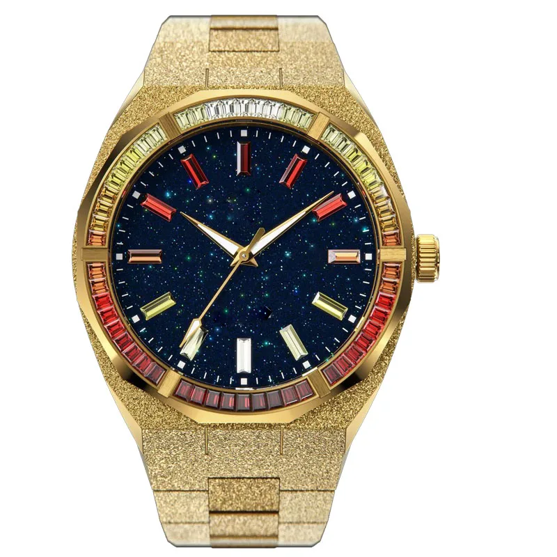 Custom logo Limited 5ATM Waterproof Black Hand-Set Crystal Bezel Frosted Star Dust Men Quartz Watch