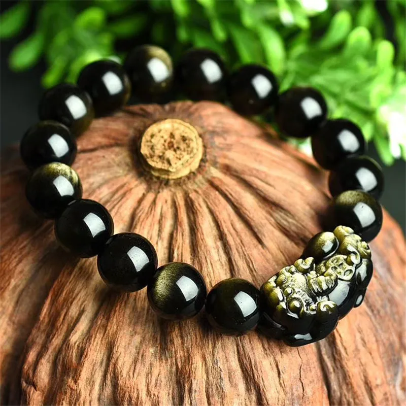 Natural Mexican obsidian gold obsidian pixiu Fu pig hand leather hill Buddha beads crystal bracelet