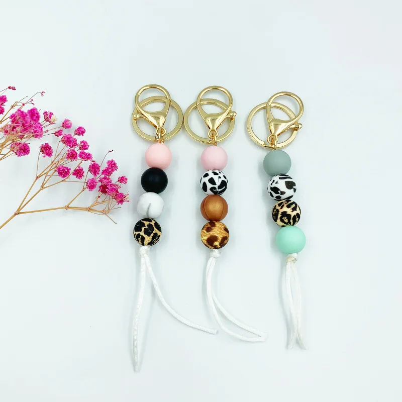 European and American New Pendant Food Grade Silicone Bead Bracelet Bag Decorative Pendant Silicone Bead Wooden Bead Keychain