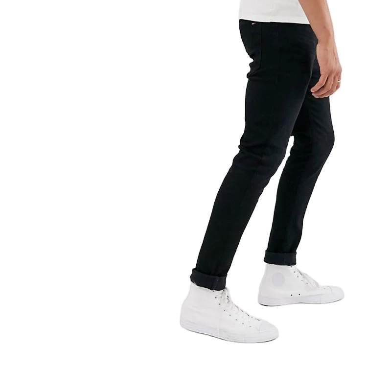 Custom design skinny fit functional pockets tapered leg black denim jeans men wholesale