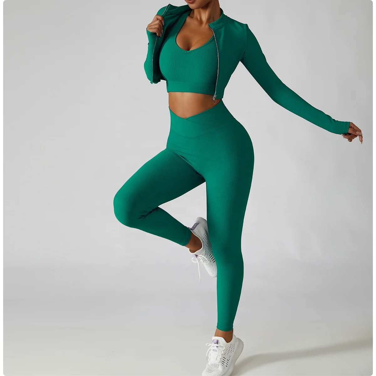 High elastic breathable yoga suit 3PCS bra jacket leggings fitness yoga set good quality women gym clothing fitness & yoga wear