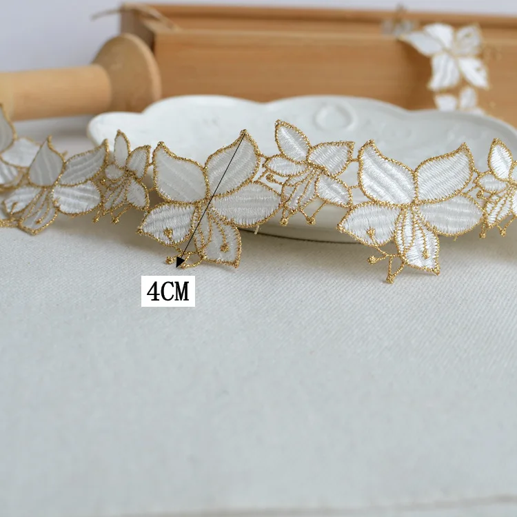 LS793 High End Gold Thread Flower Embroidery Water Soluble Lace Accessories Decorative Lace Trim for Dress Clothing