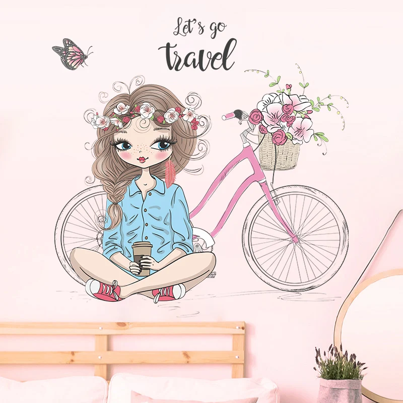 Fashion Beauty Girl Stickers Flowers Bicycle Decorative Wallpaper Creative Bedroom Murals Self Adhesive TV Background Decals