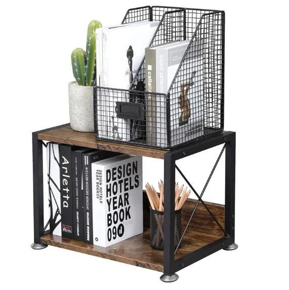 Desktop double-layer storage rack carbon steel wood art multi-layer printer office finishing rack kitchen microwave oven storage