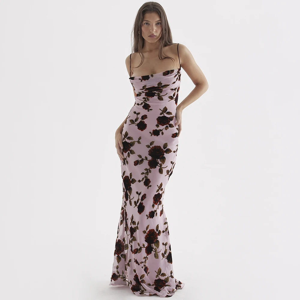 New Arrivals Sexy Print Mesh Dresses Floral Spaghetti Strap Back Out Lace Up Satin Lining Maxi Party Dresses