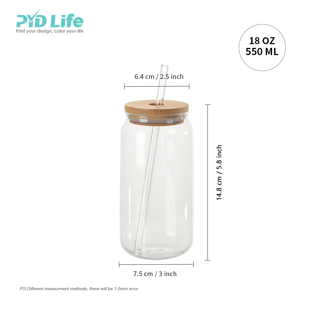 PYD Life 2022 18oz 550ml Custom Glass Sublimation Beer Soda Can Clear Glass Can Tumbler Cups with Bamboo Lid and Glass Straw
