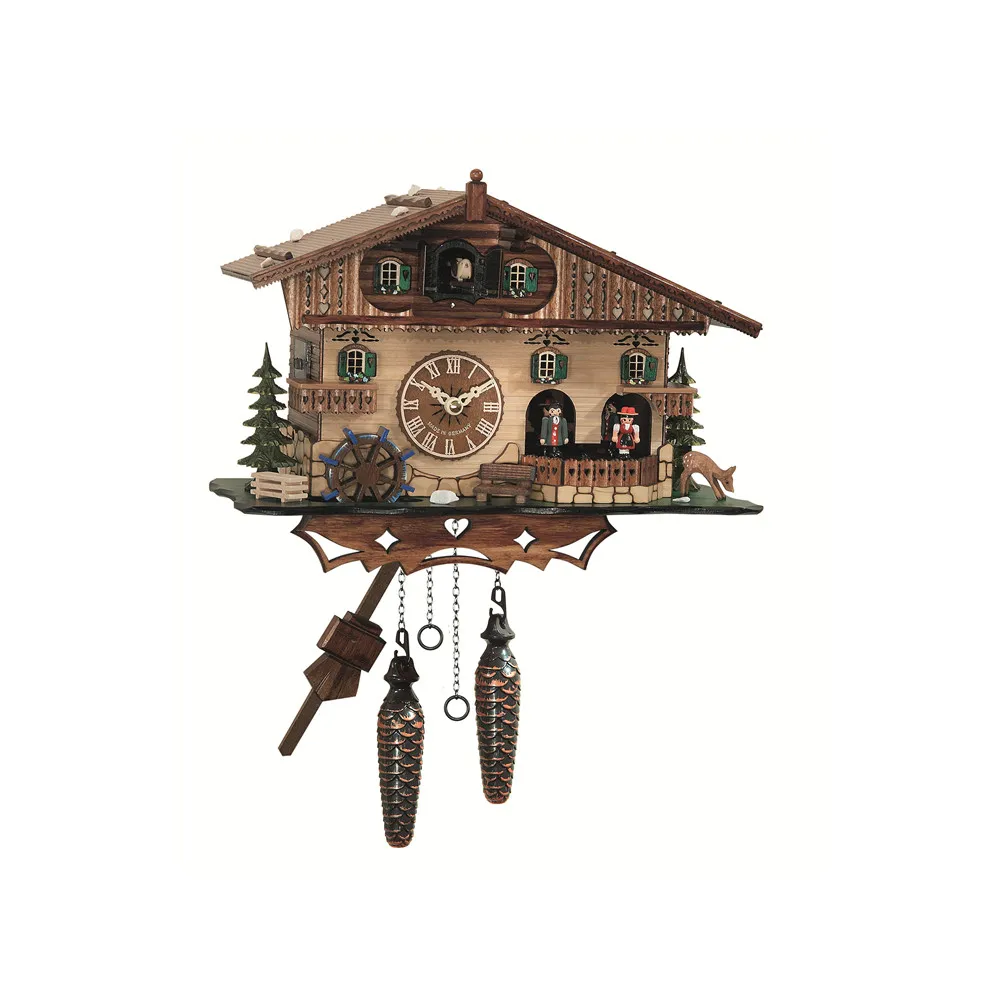 Hot Sale Germany Big Black Forest House Wooden Cuckoo Clock With Turning Dancers And Mill Wheel With Music
