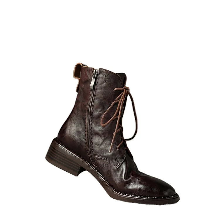 Women Work Boots Thick Heel Lady Ankle Boots Autumn Winter Full Cowhide Retro Color-brushed Short Boots