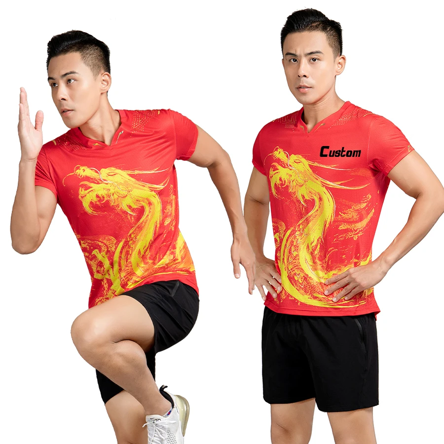 Lidong custom dtg printing Chinese Dragon style sports t shirts Ping-Pong ball team wear mesh fabric moisture wicking t-shirt