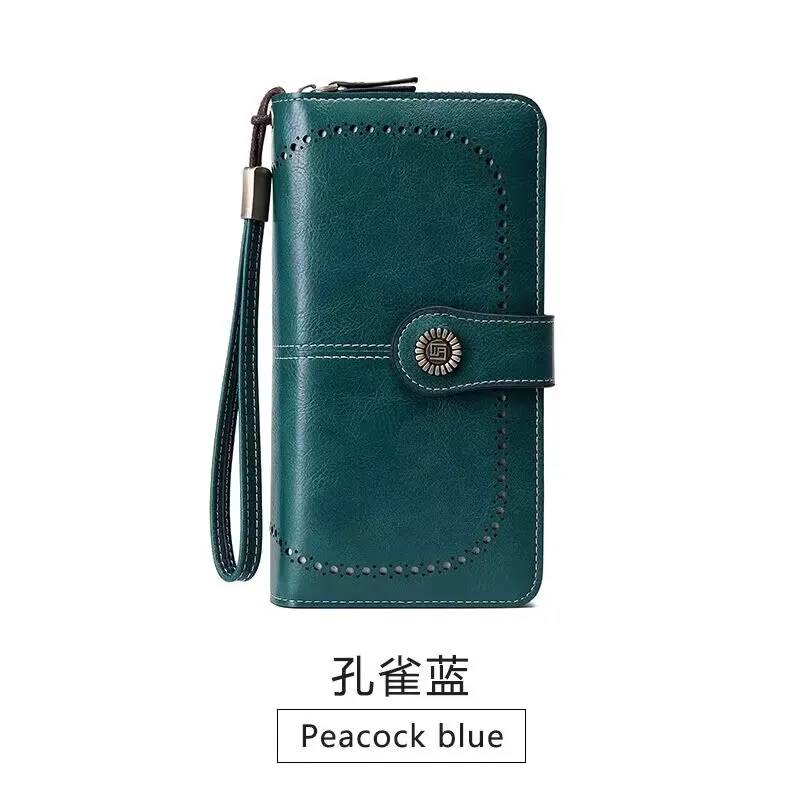 2022 Fashion Vintage Multi-function Waterproof Long Style Vegan Oil Wax Leather Card Holder Wallet
