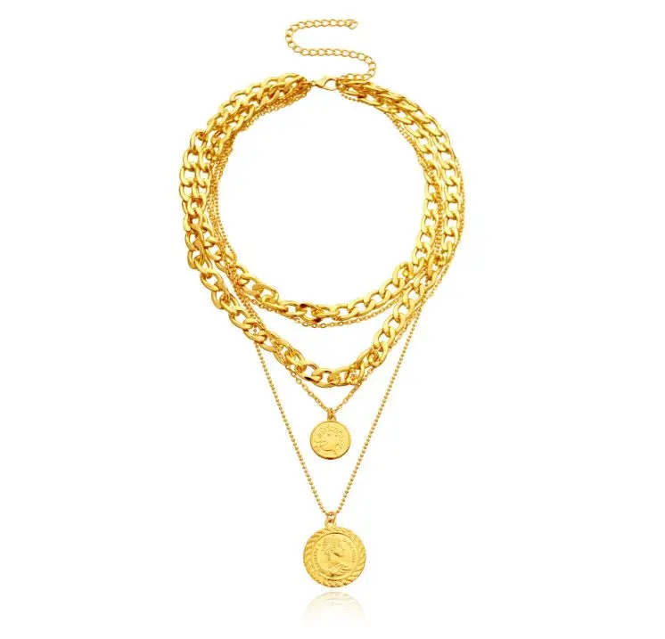 
Jewelry aluminum alloy multi-layer round medal pendant necklace ladies fashion handmade popular necklace 