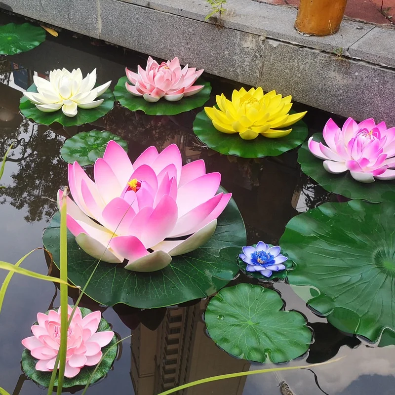 Different Color Artificial Floating Lotus Flower Plastic Water Lily for Home Outdoor Patio Pond Decoration