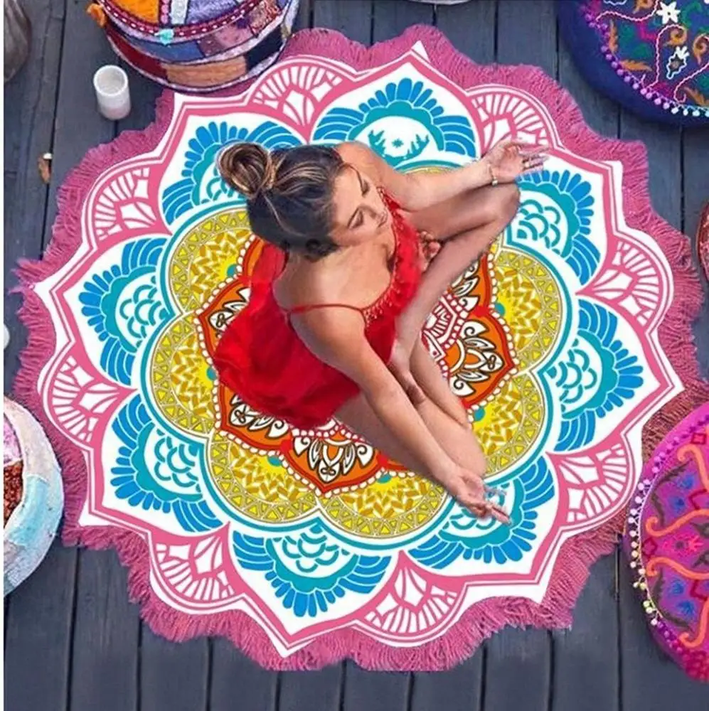 
Wholesale Round Circle Mandala Print Thick Microfiber Custom Beach Towel with Tassel 
