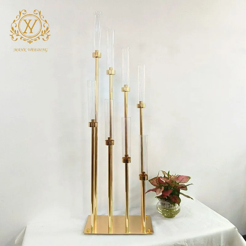 Gold Metal Wedding Candle Holder 8 Arms Iron Plated Tall Hurricane Candlesticks for Wedding Centerpiece Table Decoration