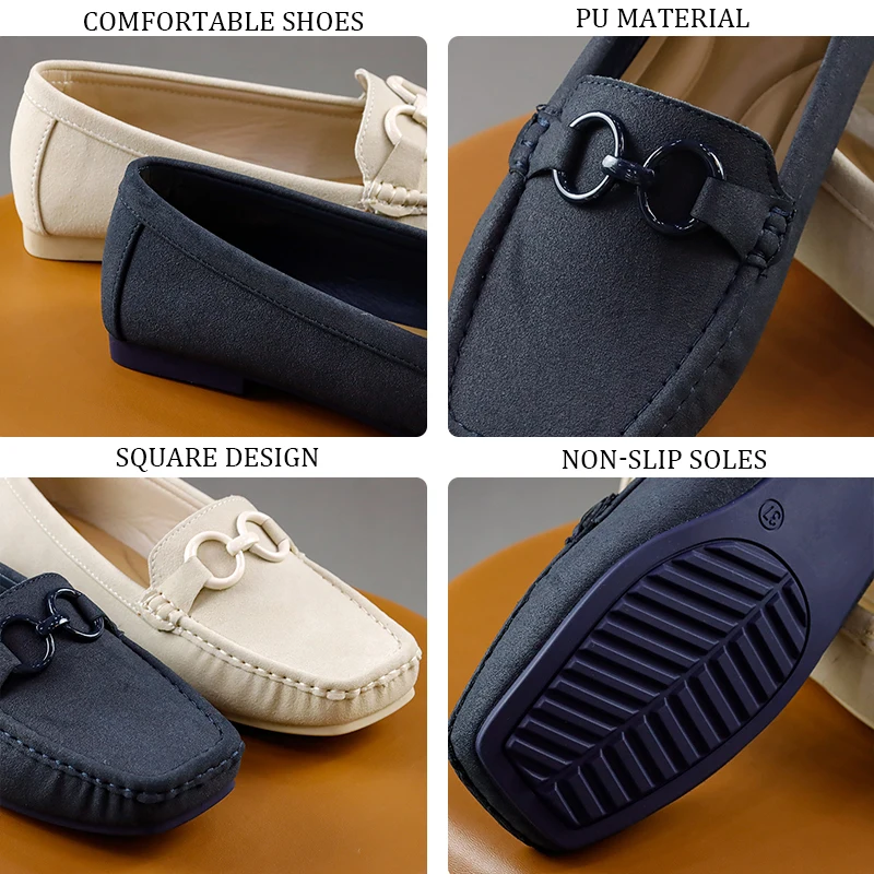 Suede Moccasin Shoes Chain Decoration Softsole Anti-slip Square Head Ladies Driving Slip On Loafers Ballet Flats