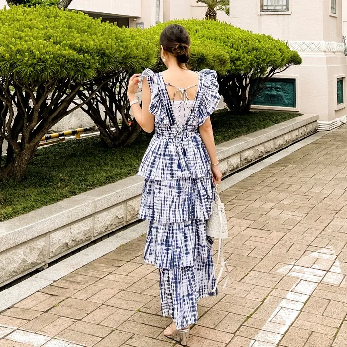 Summer Dress New Temperament Lotus Leaf Heavy Industry Tie-Dye Bronzing Waist Cake Skirt Fashion Dress