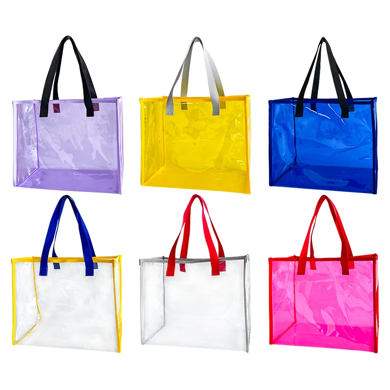New style pure colour pvc tote beach bag pvc summer beach bags Custom clear tote bags transparent for with woven handle