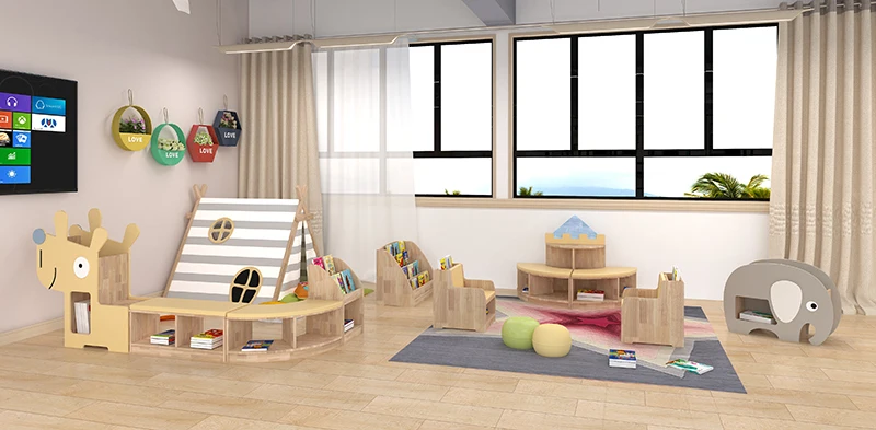 Kindergarten art area solid wood furniture baby learning interactive multifunctional combination table and chair