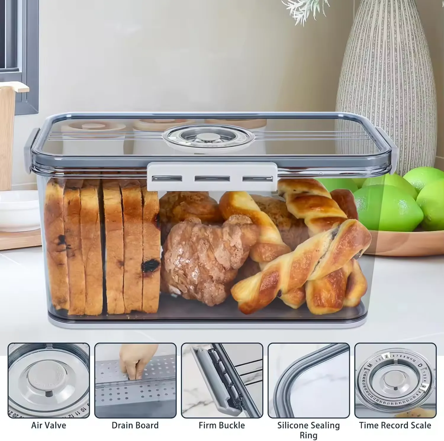 Eco Friendly Dainty Factory Container For Bread Box Plastics Kitchen Counter Airtight Bread Box Grey Storage Bread Container