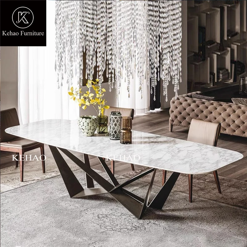 Italian Minimalistic Luxury Modern Dining Room Table Rectangular White Marble Dining Table Set Sintered Stone Top Dining Table