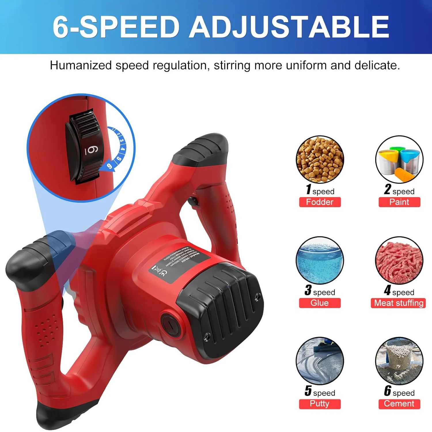 1600W Adjustable Speed Handheld Electric Concrete Mixer DIY Grade Cement Mortar Grout Plaster Drill with Battery Power Source