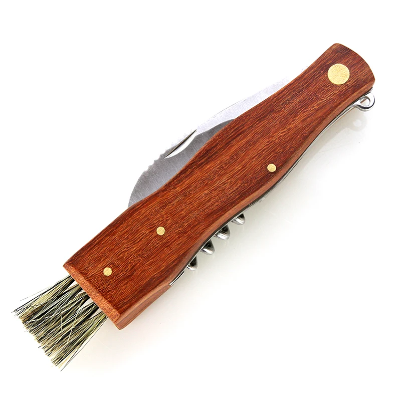 Amazon Hot Selling Rosewood Handle 5 in1 Brush Cork Screw Bottle Opener Keychain Folding Mushroom Knife