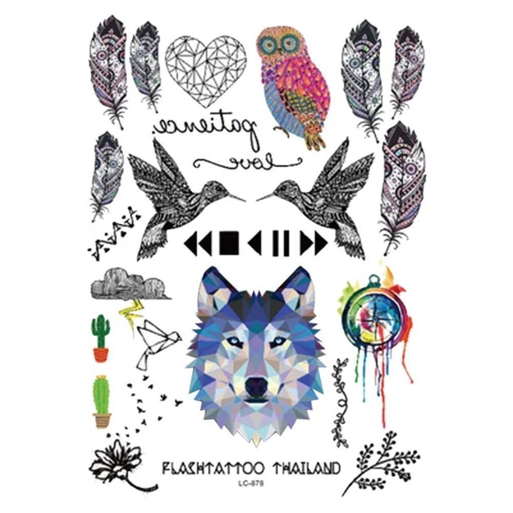 Custom Adhesive Four Color Printing Tatoo Sticker Water Transfer Owl Fox Head Plumage Bird Animals Body Art Temporary Tattoo