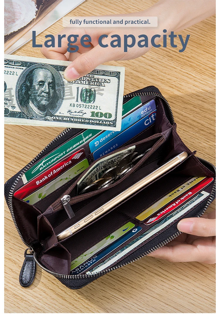 Customized your logo genuine leather diamond grid long high-capacity purses and handbags wholesale wallets