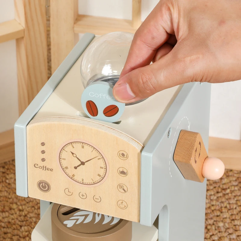 2024 products wooden Blue simulation coffee machine toy montessori educational Pretend Kitchen Cooking Toys toys For children CE
