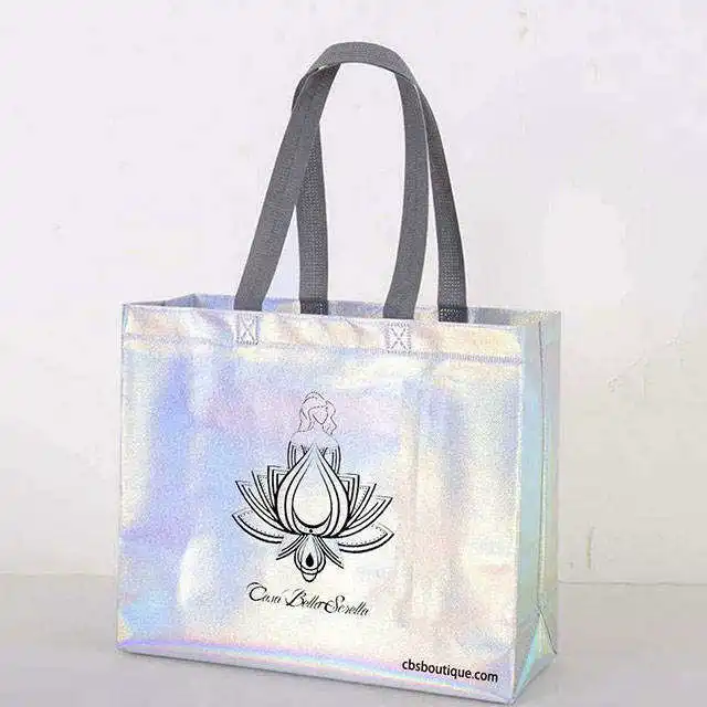 Custom Logo Reusable Fashion Pink Holographic Metallic Laminated Non Woven Iridescent Gift Tote Bag With Logo