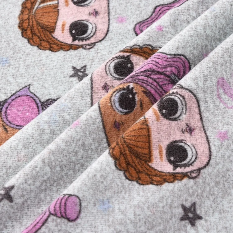 Stock lot polyester dty knitted flannel fleece print fabric for girls pajamas by the yard